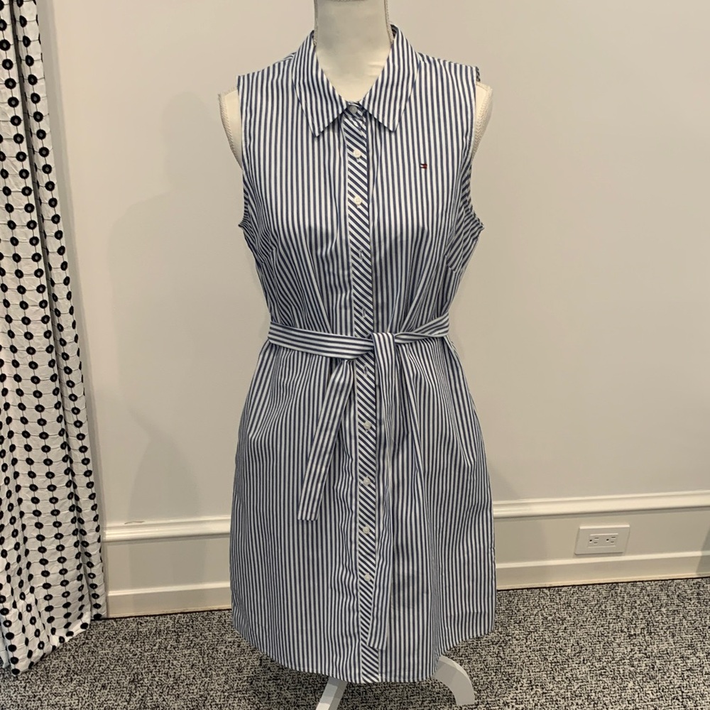 Tommy Hilfiger Blue and White Striped Casual Button-Down Shirt Dress